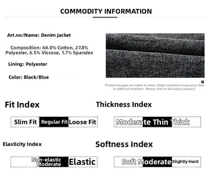 Detailed fabric composition and fit index chart for this denim jacket for men