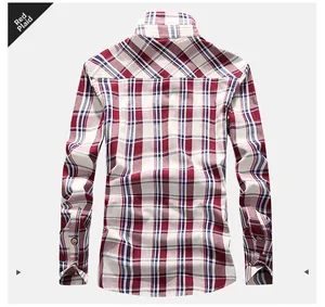 Detailed back view of red plaid long sleeve cotton shirt showing classic yoke structure