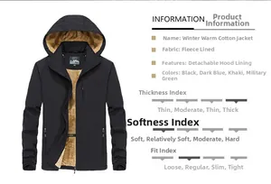 Detail view of winter fleece lining and removable hood on black insulated men's jacket