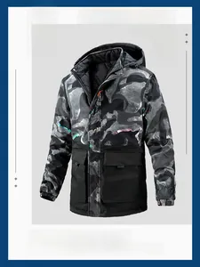 Detail of camouflage padded parka with holographic reflective stripes and large cargo pockets