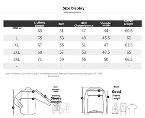 Size chart for men's denim jacket showing measurements from M to 3XL in centimeters