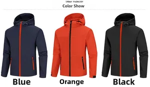 Confronto dettagliato di giacche sportive con cappuccio nei colori blu navy, arancione e nero