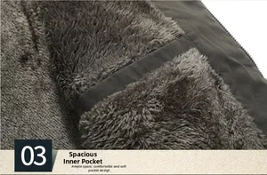 Detailed view of the thick fleece lining and interior pocket on men's winter jacket