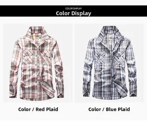 Detail view of long sleeve plaid shirts for men with double chest pockets in red and blue