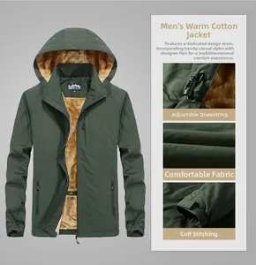 Detail of dark green men's winter jacket showing fleece lining and adjustable hood