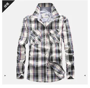 Detail of long-sleeve green plaid cotton shirt with dual buttoned chest pockets