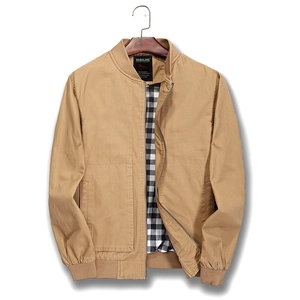 Men Casual Bomber Jacket Cotton Slim Fit Stand Collar Windproof Coat Gingham Lining Solid Color Outerwear For Men Autumn
