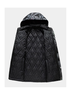 Detail of quilted diamond pattern and camouflage print on double-sided hooded jacket