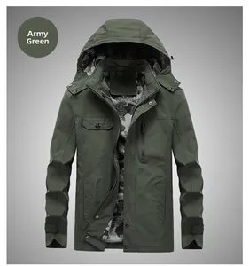 Detail of army green hooded jacket with utility pockets and camouflage print lining
