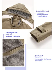 Detail view of khaki winter jacket with grey plush lining and detachable hood features