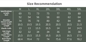 Detailed size chart for men's thermal winter jacket showing measurements from M to 5XL