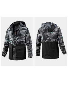 Detail of men's hooded camouflage jacket with large cargo pockets and windproof fabric
