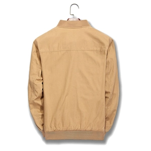 Men's khaki cotton washed baseball jacket with ribbed cuffs shown from the back view