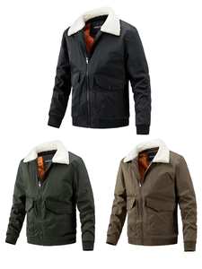 Three men's pilot jackets with warm fleece collars and orange quilted lining shown in detail