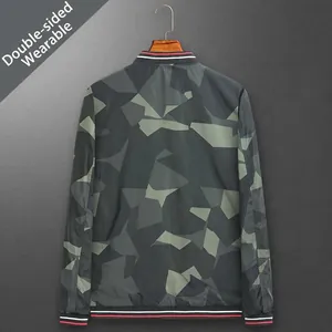 Men's reversible bomber jacket with camouflage pattern and striped ribbed trim