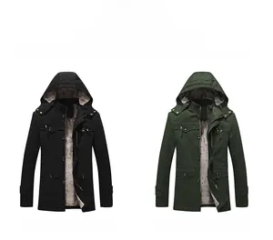 Detail of warm fleece lining and hood on black and army green winter jackets for men