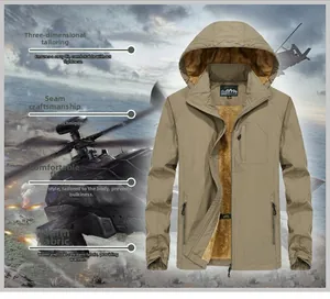 Detail view of khaki waterproof outdoor jacket with warm thick fleece lining and zip chest pocket