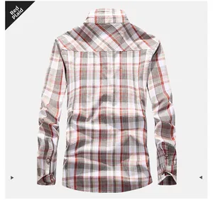 Detail view of the back seams and red plaid pattern on this men's long sleeve shirt