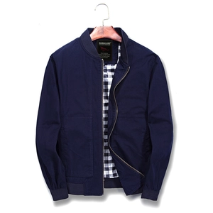 Men's navy blue casual zip-up jacket with ribbed cuffs and gingham pattern lining
