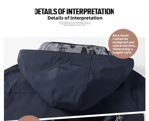 Detail of hooded jacket showing high-quality windproof fabric and printed lining