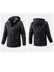 Detail showing the quilted diamond texture and camo lining of the hooded men's jacket
