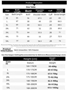 Detailed size chart for men's casual cotton jacket from M up to 5XL with measurements
