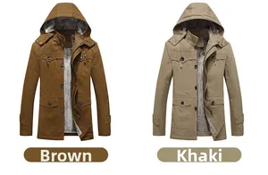 Close-up of thick grey fleece lining on hooded winter jackets in yellow and khaki colors