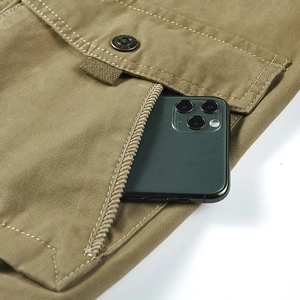 Men's khaki cotton utility jacket with spacious multi-pocket for smart phones