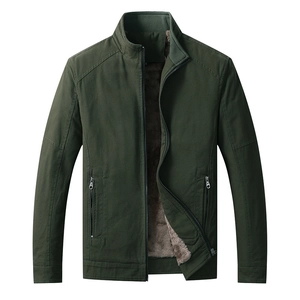 Men's dark green winter jacket with warm fleece lining and stand collar design