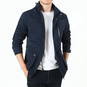 Men's outdoor dark blue windproof hooded jacket with functional pockets and casual fit