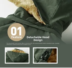 Detail of dark green hooded jacket featuring warm fleece lining and detachable hood design