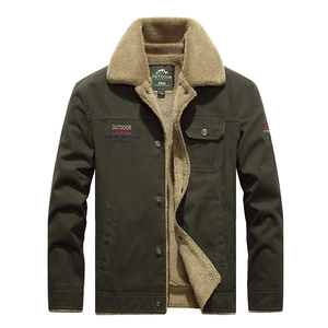Army green men's winter cargo jacket with warm khaki fleece lining and retro outdoor style