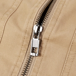 Men's khaki cotton washed jacket slim fit baseball style showing high-quality metal zipper
