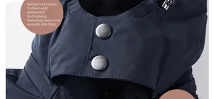 Detailed view of dark blue windbreaker collar with dual matte metal snap buttons