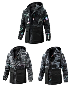 Detail of men's reversible camouflage parkas showing graffiti prints and reflective lines