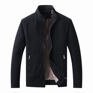 Men's black casual jacket with warm brown fleece lining and ribbed stand collar design