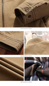 Detail view of khaki jacket with plaid lining, metal buttons, and twill fabric texture