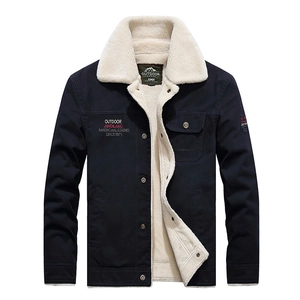 Men's winter heavy canvas jacket with warm fleece collar and outdoor embroidery details
