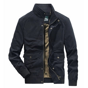 Men's navy blue casual work jacket with stand collar and vintage embroidery on chest