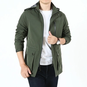 Men's dark army green outdoor hooded windbreaker jacket with multiple utility pockets