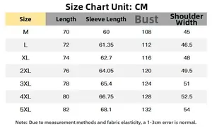 Detailed size chart for men's winter jacket showing measurements from M to 5XL in centimeters