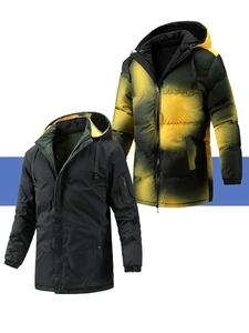 Manteau d'hiver à capuche pour homme avec design noir mat et dégradé jaune dynamique