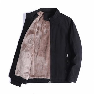 Men's casual stand collar jacket in black with warm brown faux fur lining and ribbed cuffs