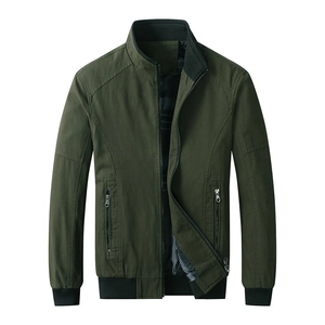 Mens washed cotton military jacket with standing collar and ribbed trim in olive green