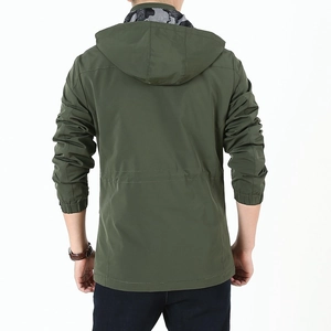 Men's army green hooded windbreaker jacket with outdoor casual windproof design back view