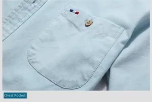 Detail view of light blue shirt chest pocket with cotton-linen texture and brown button