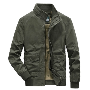 Army green men's casual stand collar cotton jacket with vintage chest embroidery
