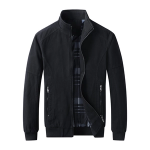 Classic black men's stand collar cotton jacket with rib-knit cuffs and plaid lining detail