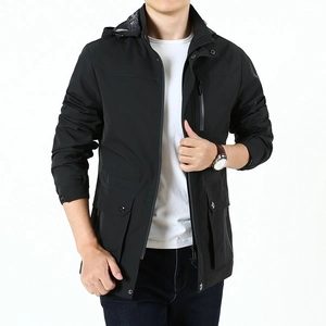 Men's black hooded windbreaker jacket with multiple utility pockets for outdoor wear