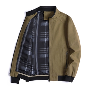 Men's olive green stand collar cotton jacket with ribbed cuffs and plaid lining